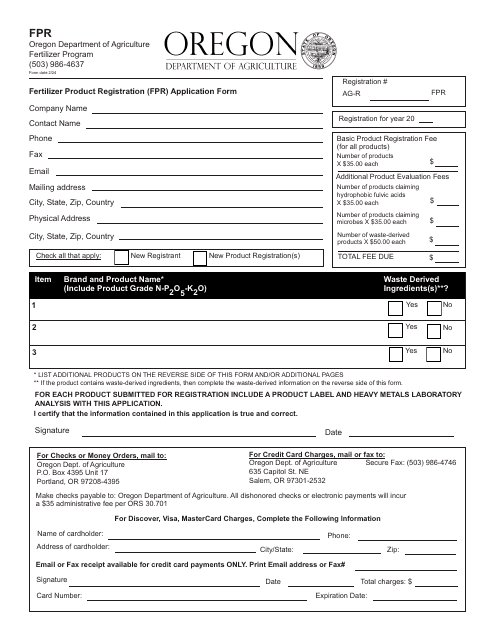 Fertilizer Product Registration (Fpr) Application Form - Oregon Download Pdf