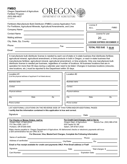 Fertilizers Manufacturer-Bulk Distributor (Fmbd) License Application Form for Fertilizers, Agricultural Minerals, Agricultural Amendments, and Lime - Oregon Download Pdf