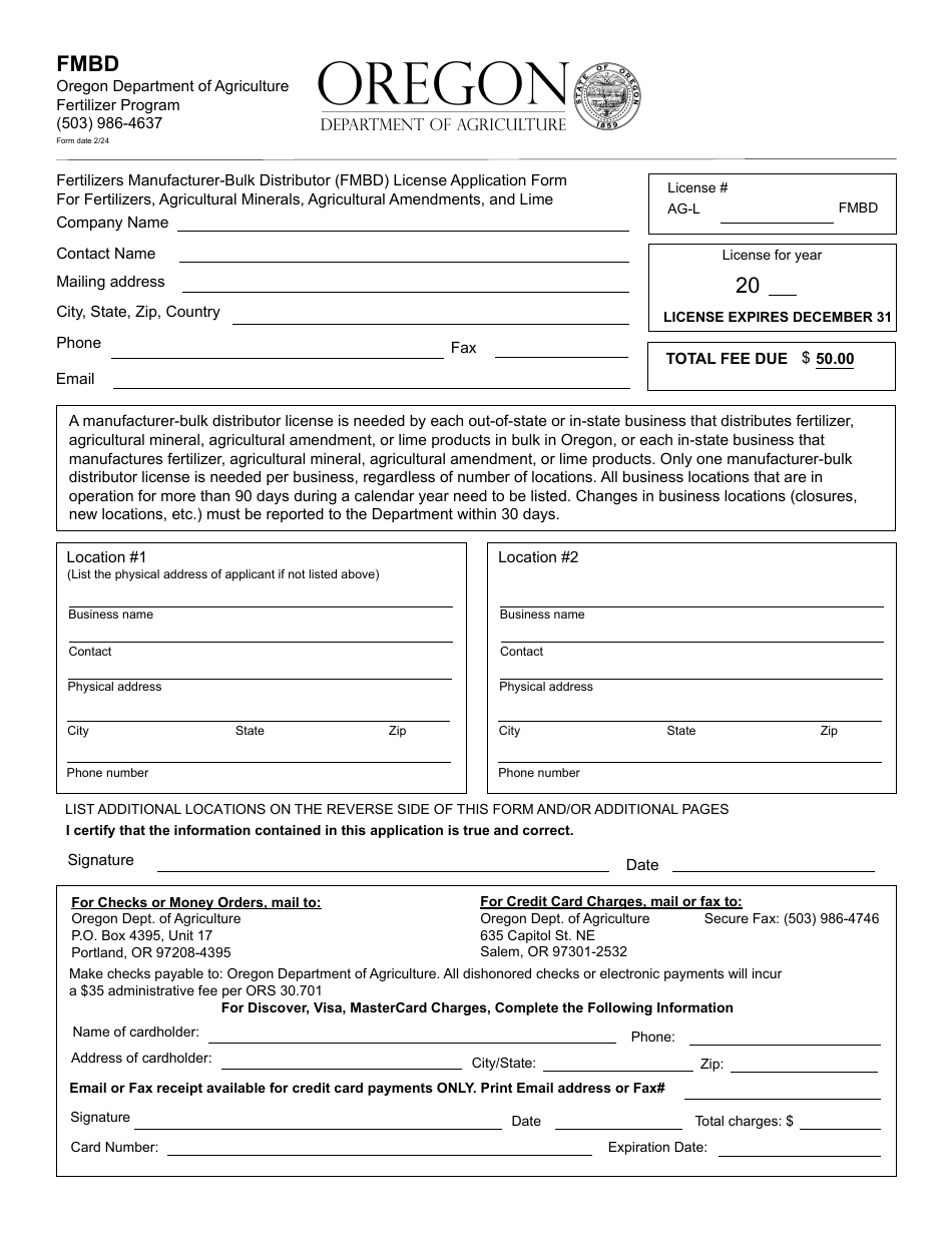 Fertilizers Manufacturer-Bulk Distributor (Fmbd) License Application Form for Fertilizers, Agricultural Minerals, Agricultural Amendments, and Lime - Oregon, Page 1