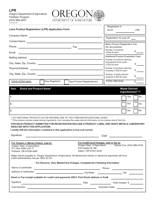 Lime Product Registration (Lpr) Application Form - Oregon Download Pdf