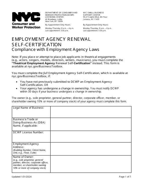 Employment Agency Renewal Self-certification - New York City Download Pdf