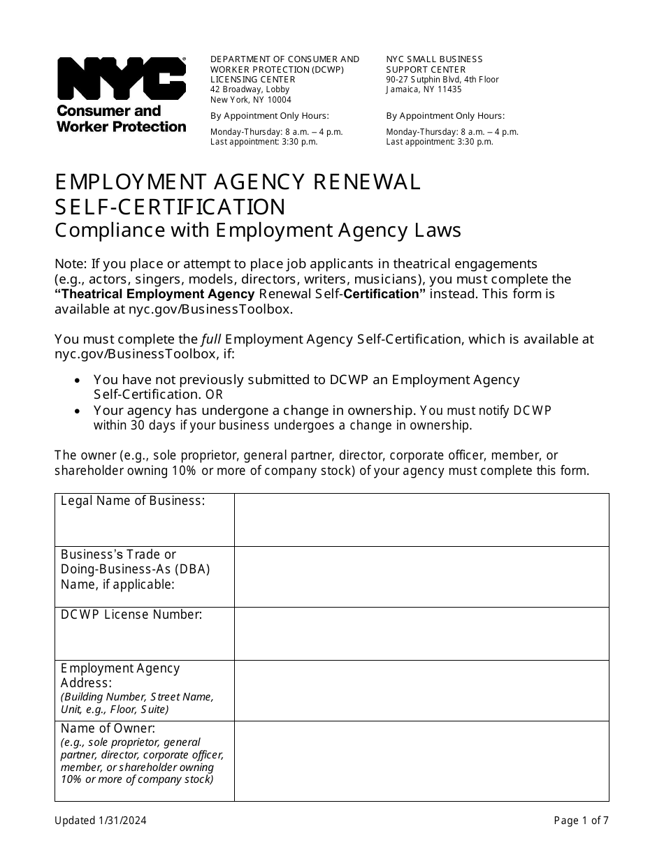 Employment Agency Renewal Self-certification - New York City, Page 1