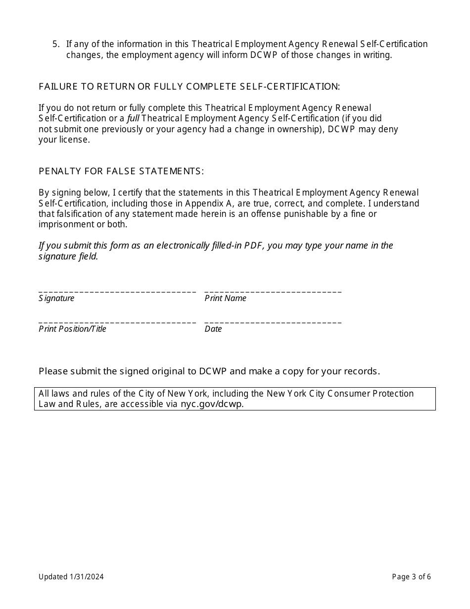 Theatrical Employment Agency Renewal Self-certification - New York City, Page 3