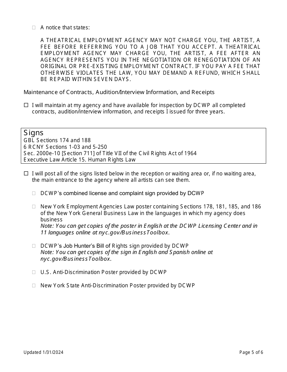 Theatrical Employment Agency Renewal Self-certification - New York City, Page 5