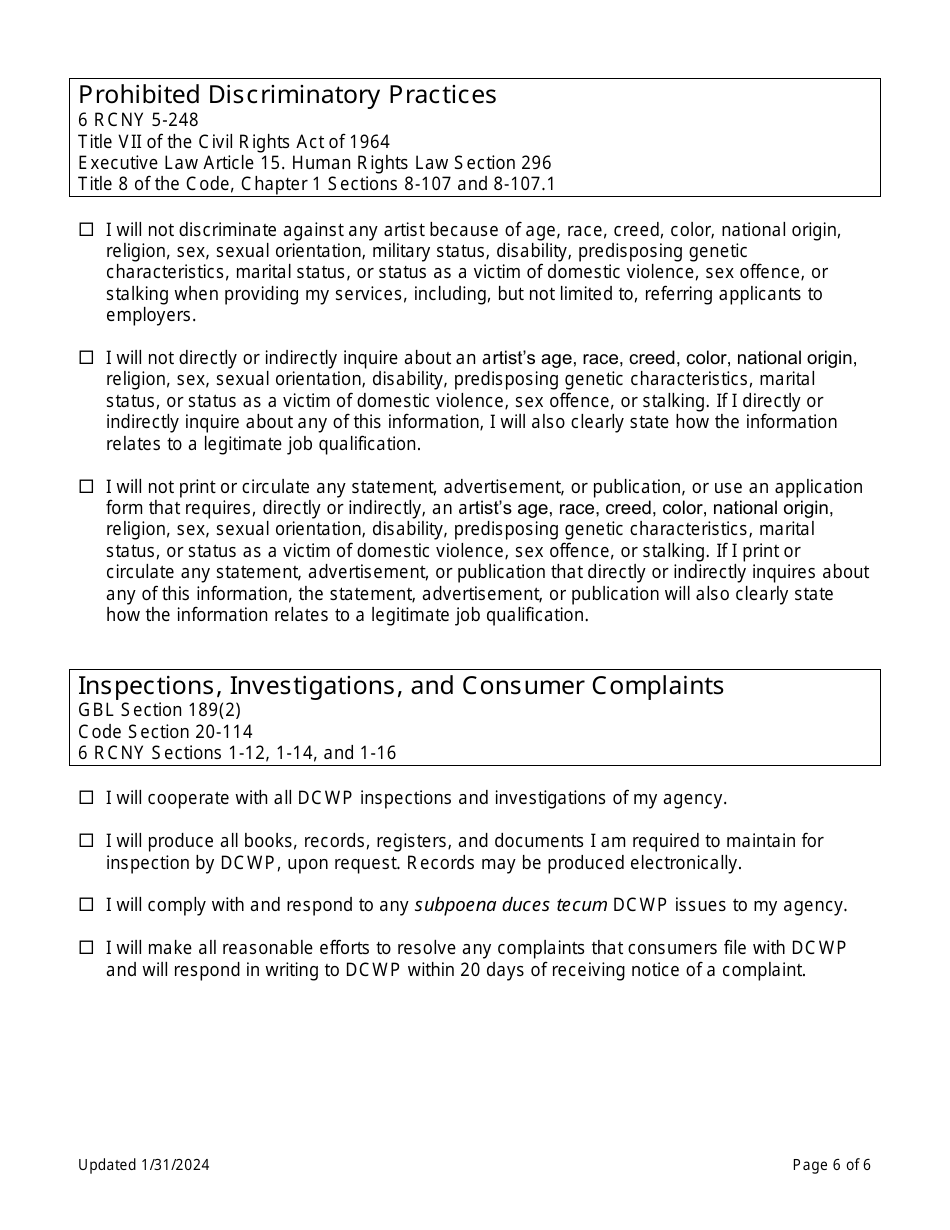 Theatrical Employment Agency Renewal Self-certification - New York City, Page 6