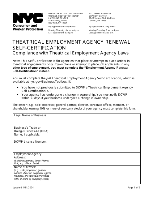 Theatrical Employment Agency Renewal Self-certification - New York City Download Pdf