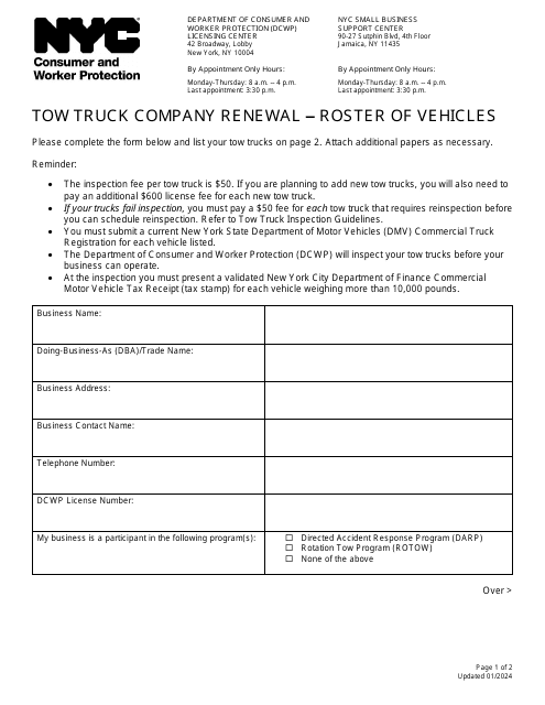 Tow Truck Company Renewal - Roster of Vehicles - New York City Download Pdf