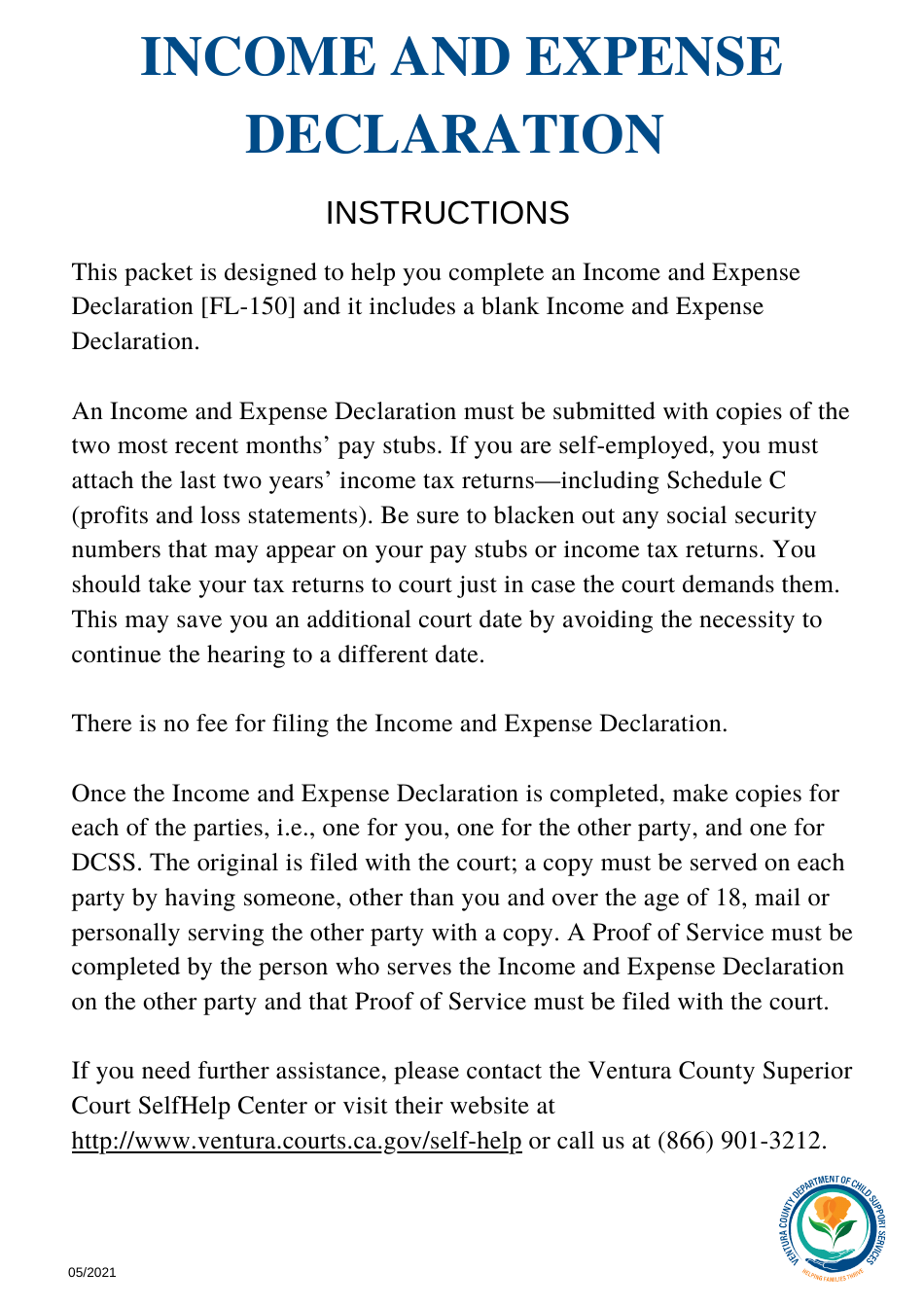 Instructions for Form FL-150 Income and Expense Declaration - County of Ventura, California, Page 1