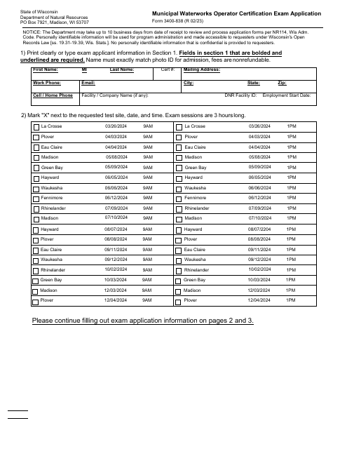 Form 3400-838 Municipal Waterworks Operator Certification Exam Application - Wisconsin