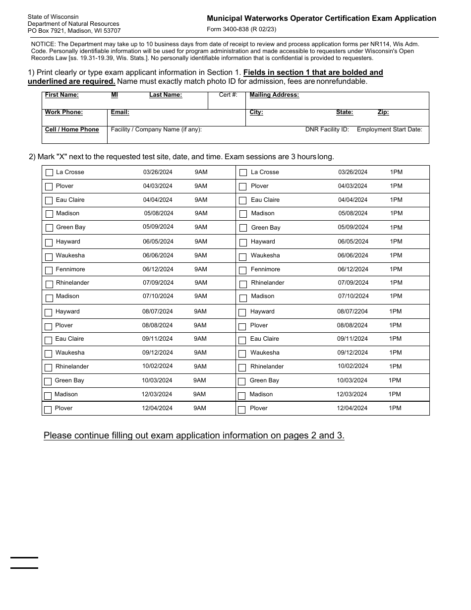 Form 3400-838 Municipal Waterworks Operator Certification Exam Application - Wisconsin, Page 1