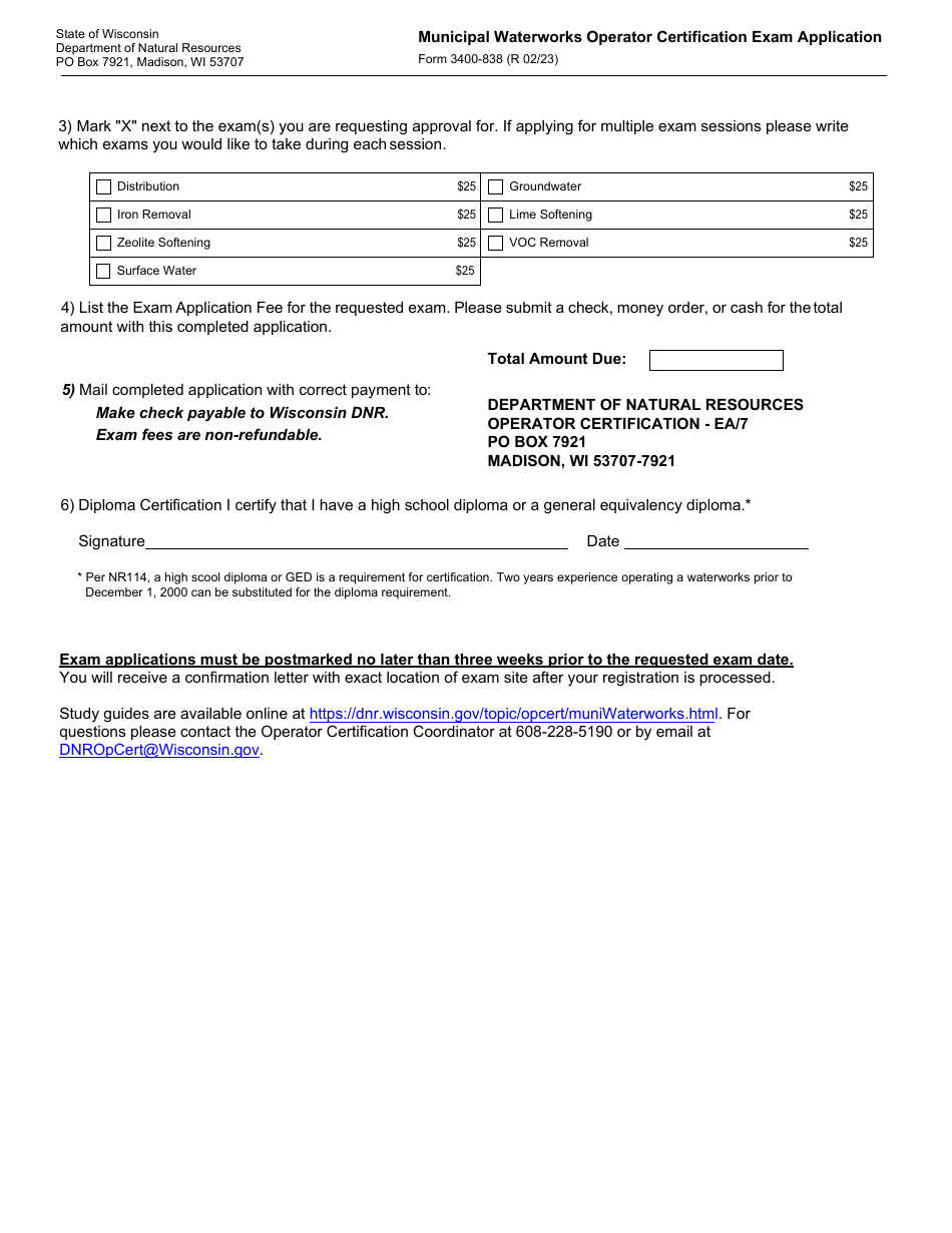Form 3400-838 Municipal Waterworks Operator Certification Exam Application - Wisconsin, Page 2