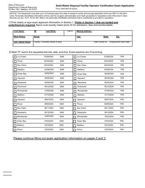 Form 3400-840 Solid Waste Disposal Facility Operator Certification Exam Application - Wisconsin