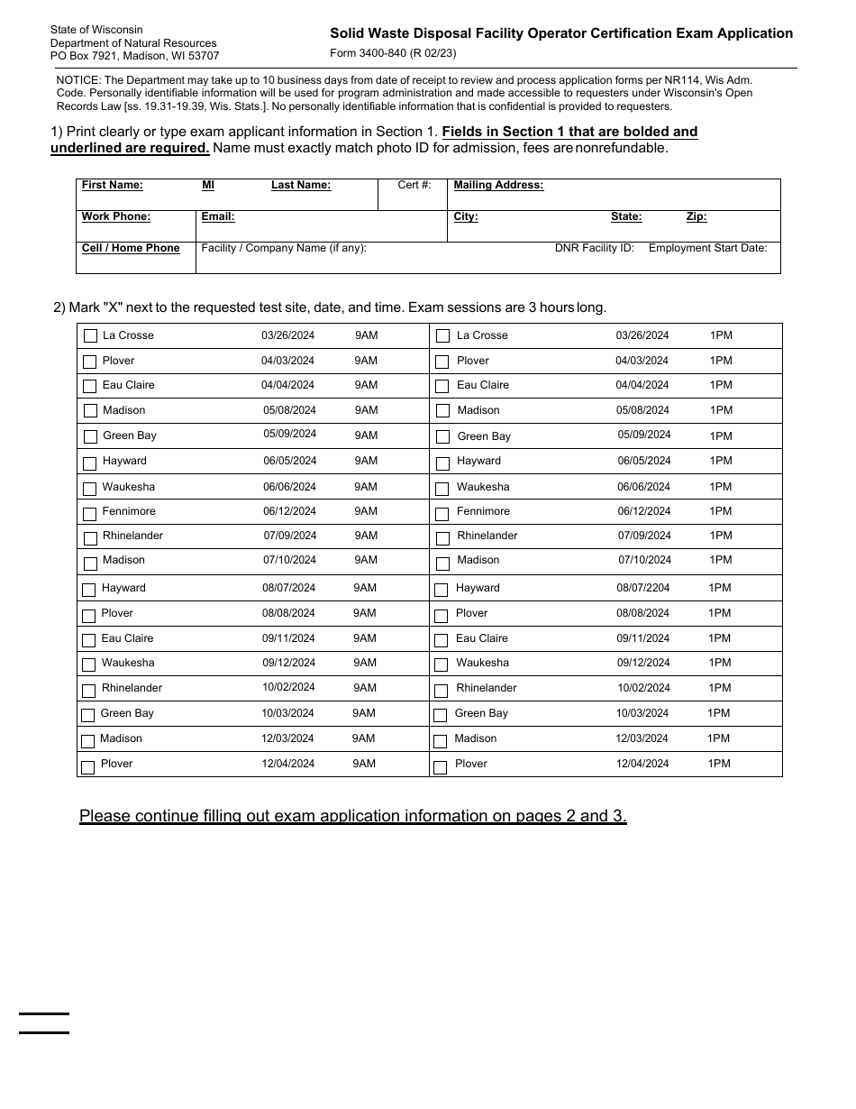 Form 3400-840 Solid Waste Disposal Facility Operator Certification Exam Application - Wisconsin, Page 1