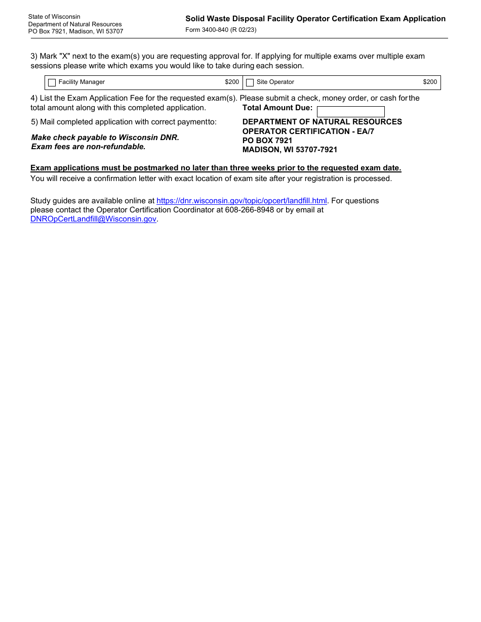 Form 3400-840 Solid Waste Disposal Facility Operator Certification Exam Application - Wisconsin, Page 2