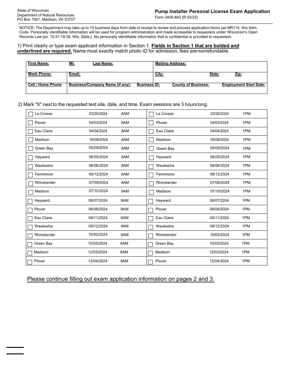 Form 3400-843 Pump Installer Personal License Exam Application - Wisconsin, Page 1