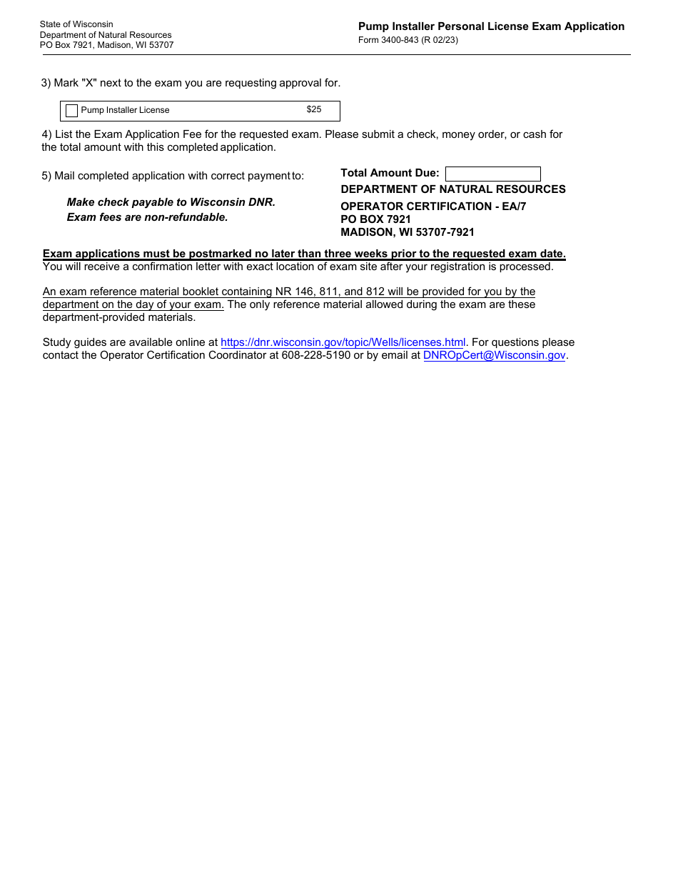 Form 3400-843 Pump Installer Personal License Exam Application - Wisconsin, Page 2