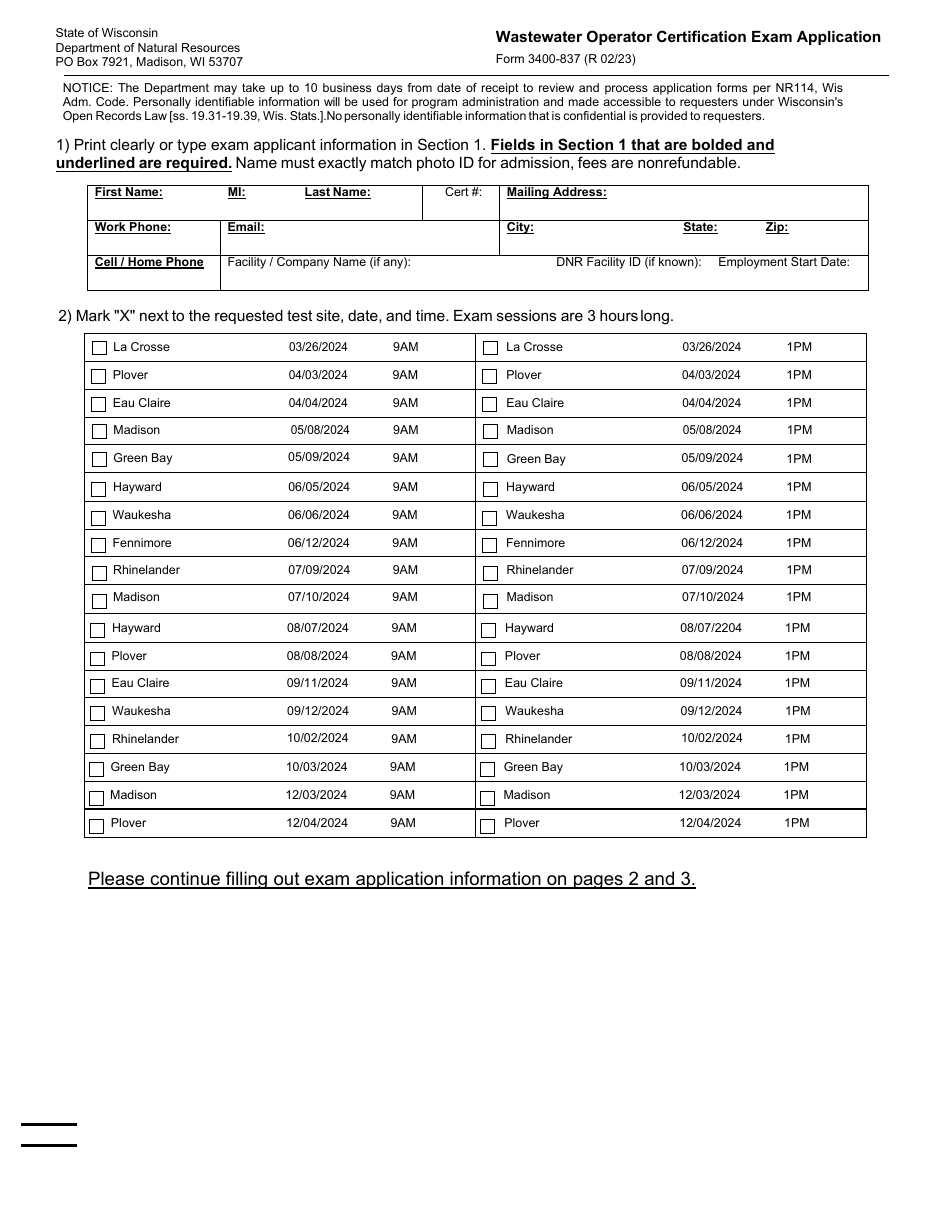 Form 3400-837 Wastewater Operator Certification Exam Application - Wisconsin, Page 1