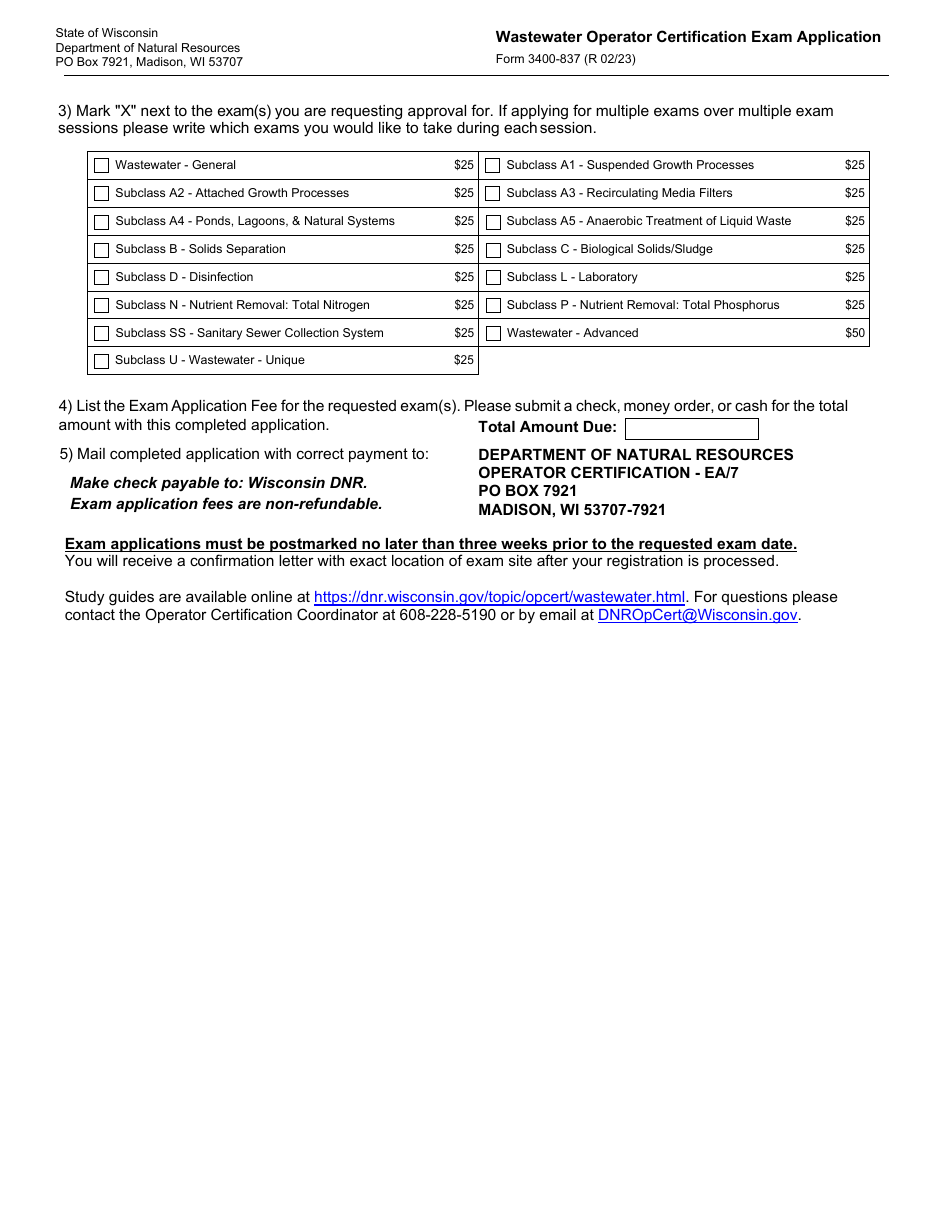 Form 3400-837 Wastewater Operator Certification Exam Application - Wisconsin, Page 2