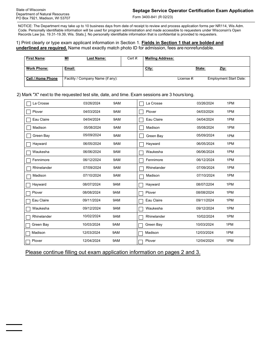 Form 3400-841 Septage Service Operator Certification Exam Application - Wisconsin, Page 1