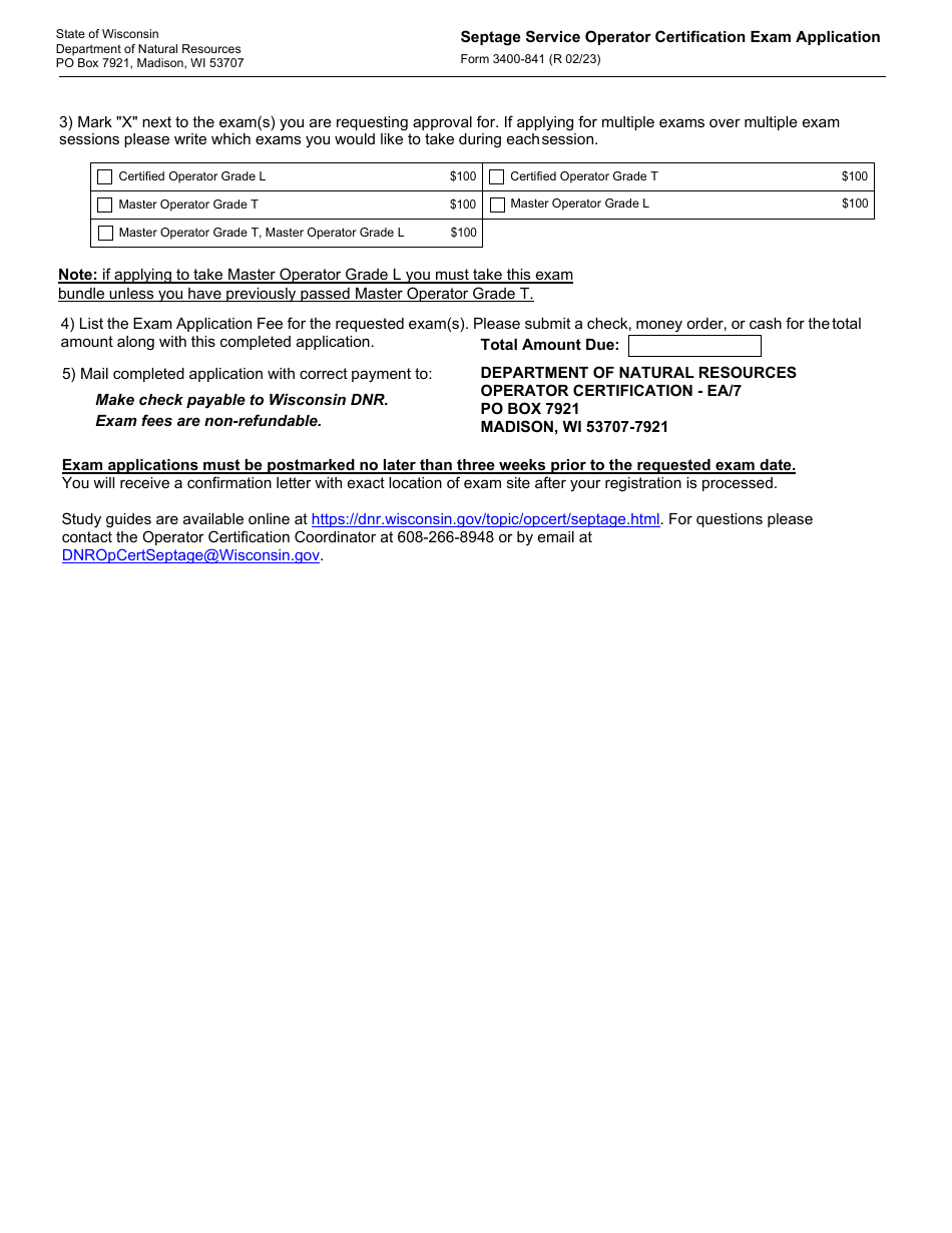 Form 3400-841 Septage Service Operator Certification Exam Application - Wisconsin, Page 2
