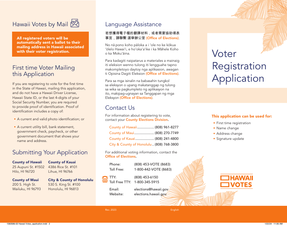 Hawaii Voter Registration Application - Hawaii, Page 2