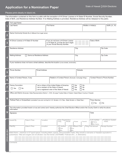Application for a Nomination Paper - Hawaii, 2024