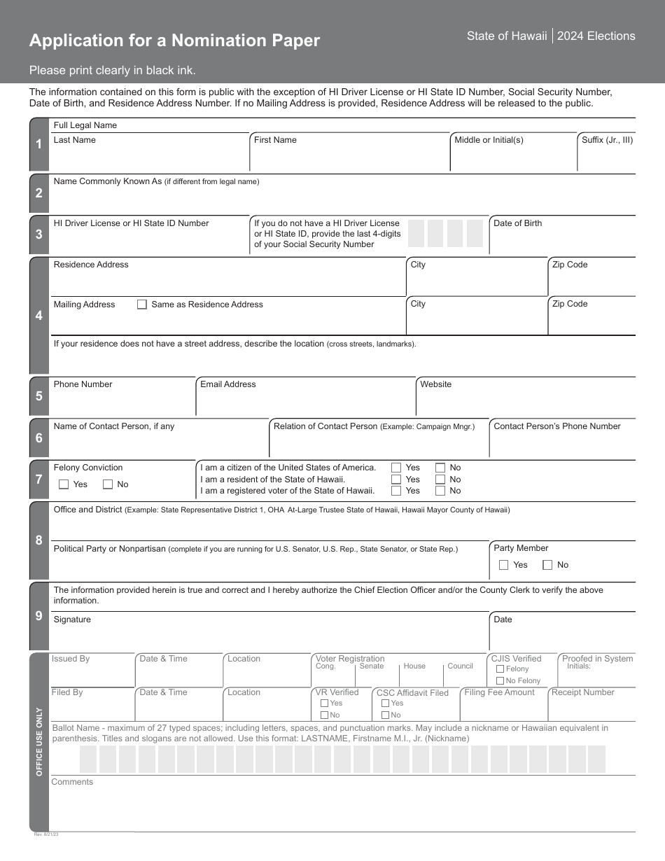 Application for a Nomination Paper - Hawaii, Page 1