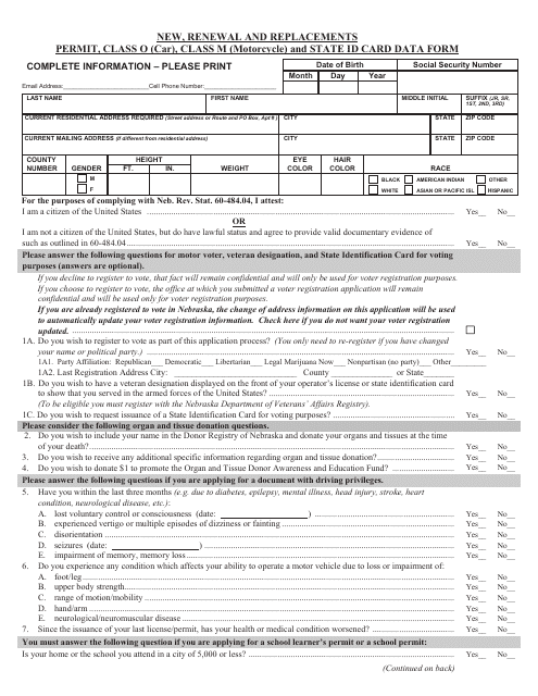 Form DMV06-104 New, Renewal and Replacements Permit, Class O (Car), Class M (Motorcycle) and State Id Card Data Form - Nebraska