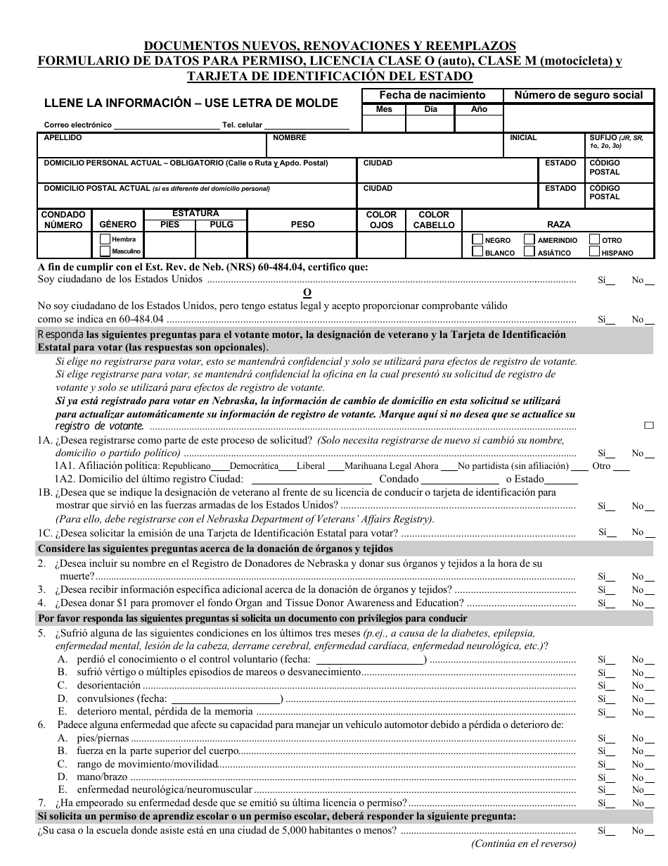 Formulario DMV06-104 Formulario De Datos Para Permiso, Licencia Clase O (Auto), Clase M (Motocicleta) Y Tarjeta De Identificacion Del Estado - Nebraska (Spanish), Page 1