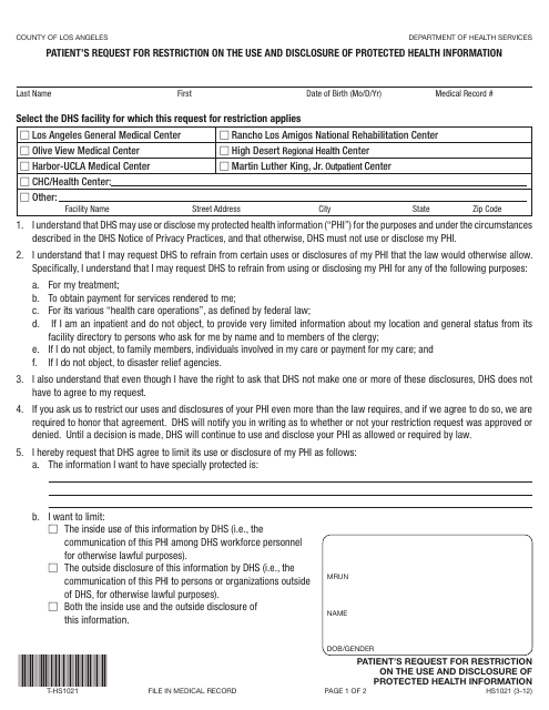 Form HS1021 Patient's Request for Restriction on the Use and Disclosure of Protected Health Information - County of Los Angeles, California