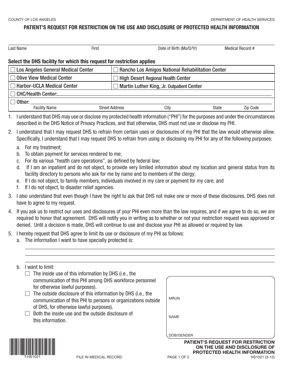 Form HS1021 Patients Request for Restriction on the Use and Disclosure of Protected Health Information - County of Los Angeles, California, Page 1
