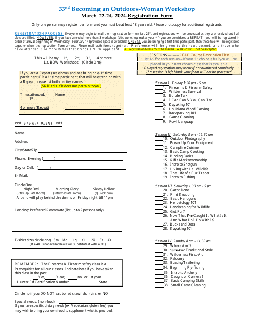 33nd Becoming an Outdoors-Woman Workshop Registration Form - Louisiana Download Pdf
