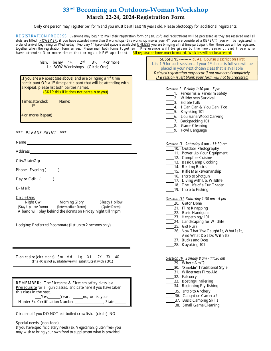 33nd Becoming an Outdoors-Woman Workshop Registration Form - Louisiana, Page 1