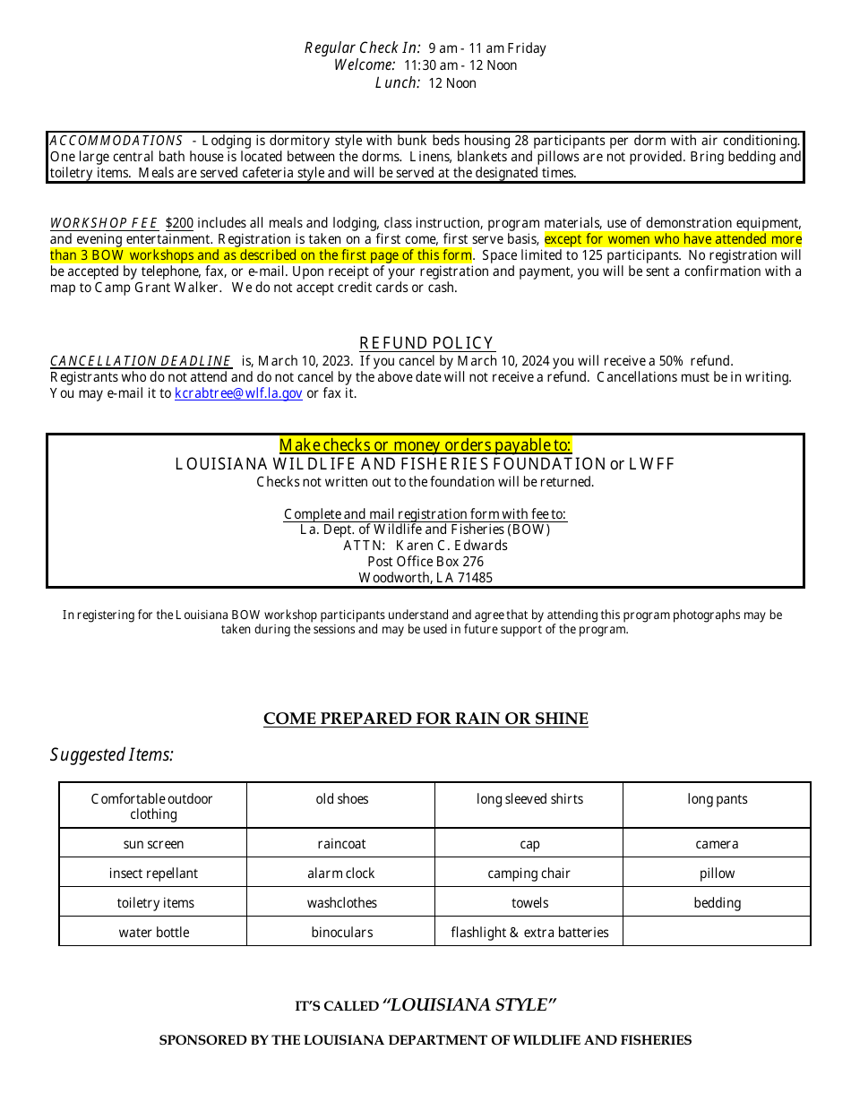 33nd Becoming an Outdoors-Woman Workshop Registration Form - Louisiana, Page 2