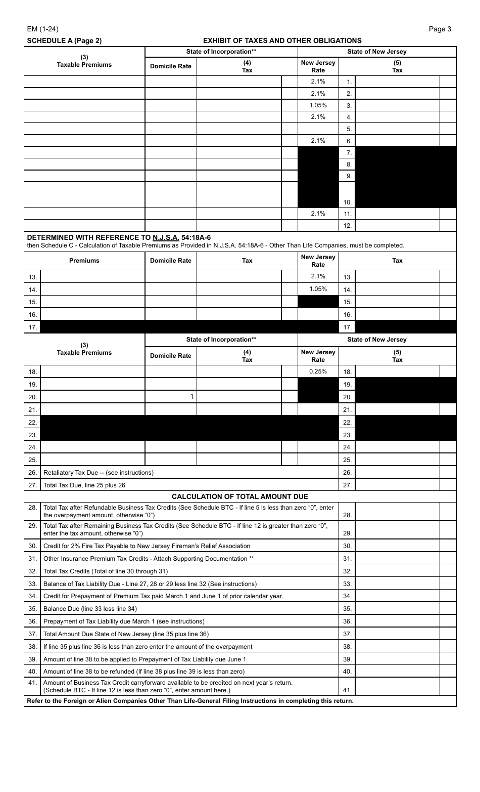 Form EM Foreign or Alien Companies Other Than Life - New Jersey, Page 3