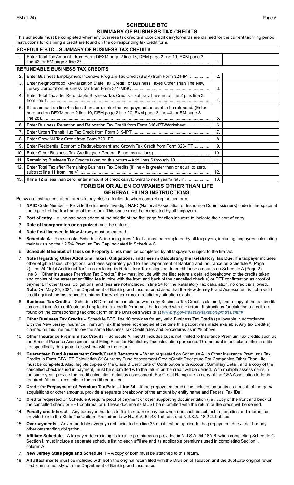 Form EM Foreign or Alien Companies Other Than Life - New Jersey, Page 5