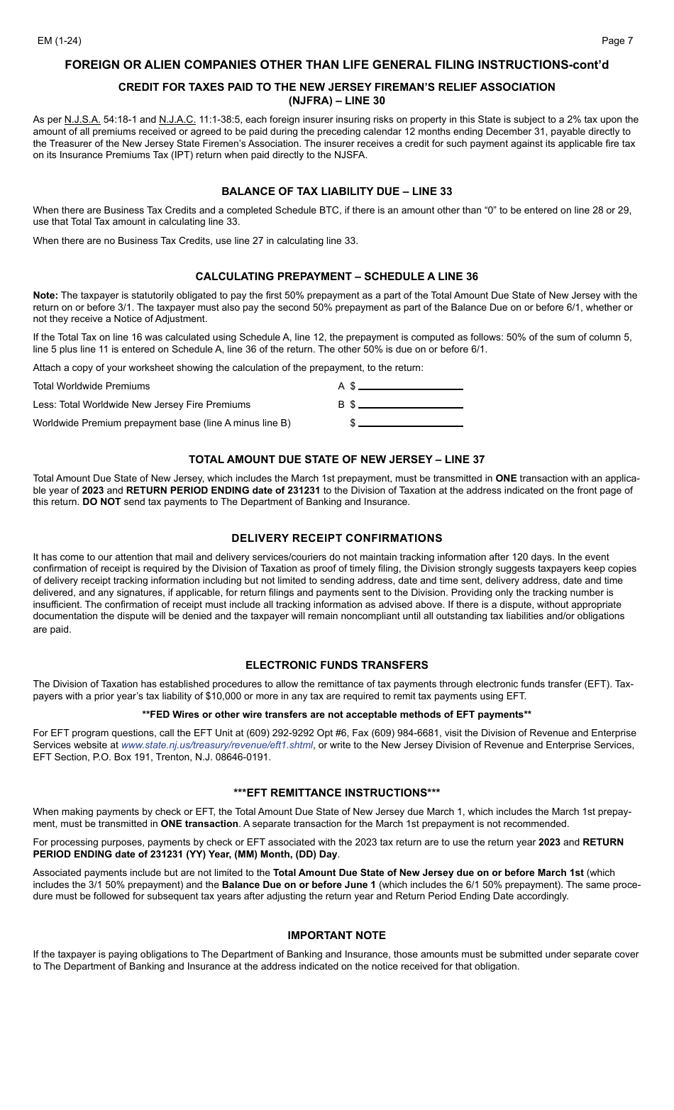 Form EM Foreign or Alien Companies Other Than Life - New Jersey, Page 7