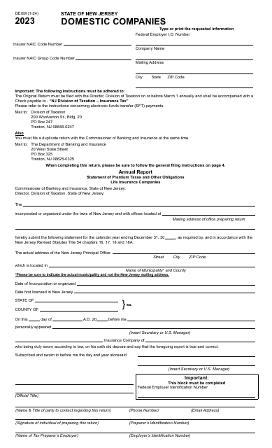 Form DEXM Domestic Companies - New Jersey, 2023