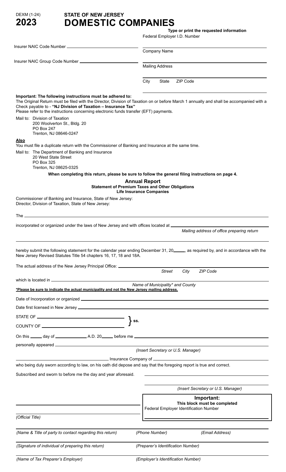 Form DEXM Domestic Companies - New Jersey, Page 1