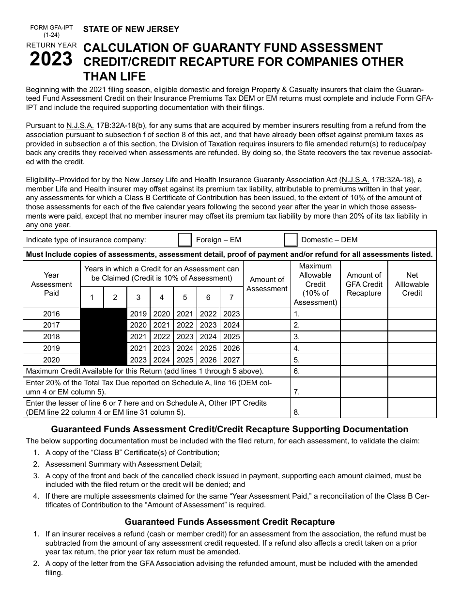 Form GFA-IPT Calculation of Guaranty Fund Assessment Credit / Credit Recapture for Companies Other Than Life - New Jersey, Page 1