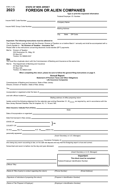 Form EXM Foreign or Alien Companies - New Jersey, 2023