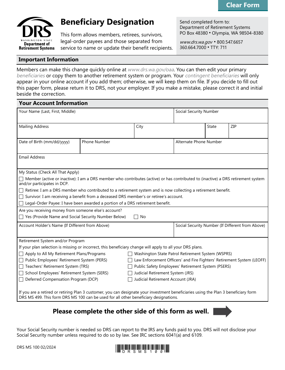 Form DRS MS100 Beneficiary Designation - Washington, Page 1