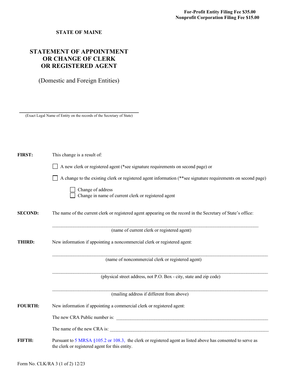 Form CLK / RA3 Statement of Appointment or Change of Clerk or Registered Agent (Domestic and Foreign Entities) - Maine, Page 1