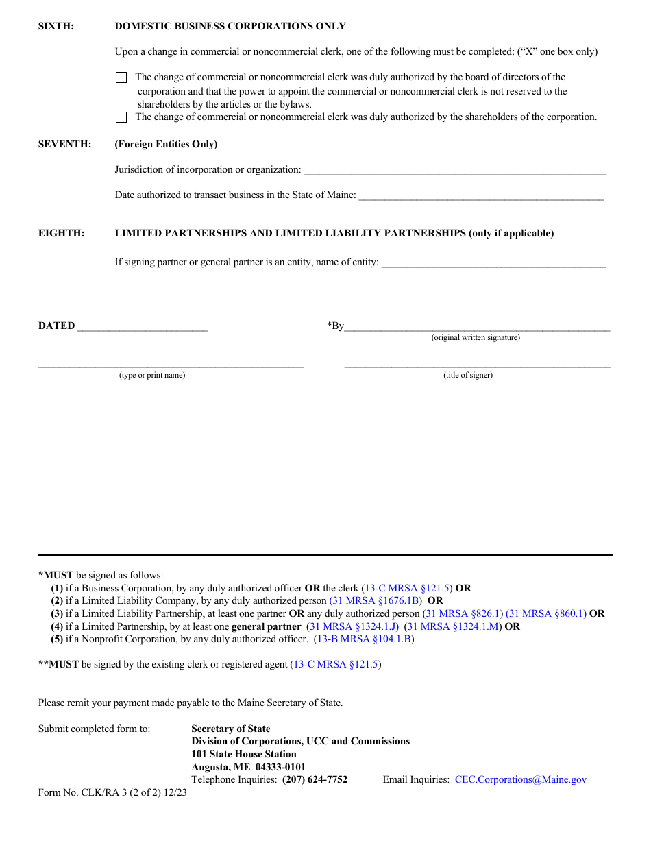 Form CLK / RA3 Statement of Appointment or Change of Clerk or Registered Agent (Domestic and Foreign Entities) - Maine, Page 2