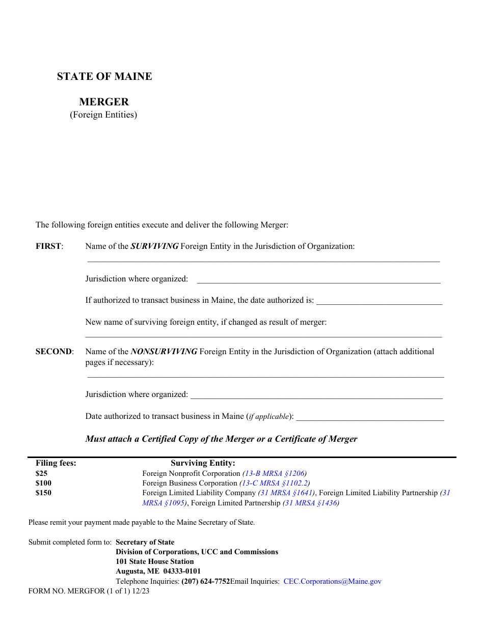 Form MERGFOR Merger (Foreign Entities) - Maine, Page 1