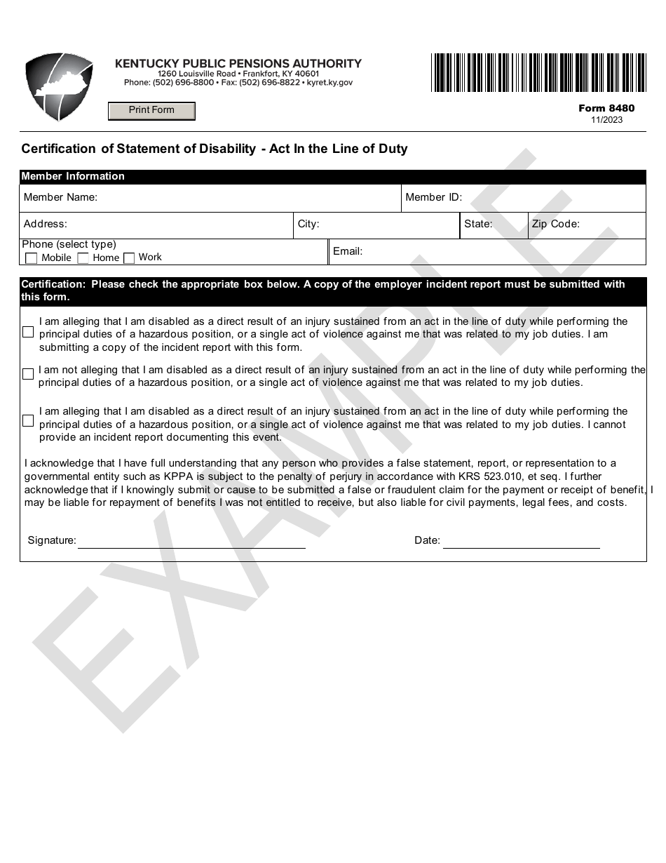 Form 8480 Certification of Statement of Disability - Act in the Line of Duty - Example - Kentucky, Page 1