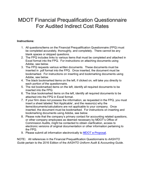 Mdot Financial Prequalification Questionnaire for Audited Indirect Cost Rates - Michigan Download Pdf