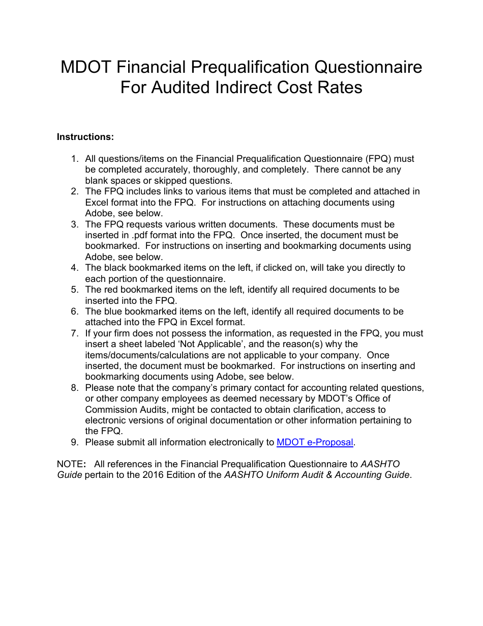 Mdot Financial Prequalification Questionnaire for Audited Indirect Cost Rates - Michigan, Page 1