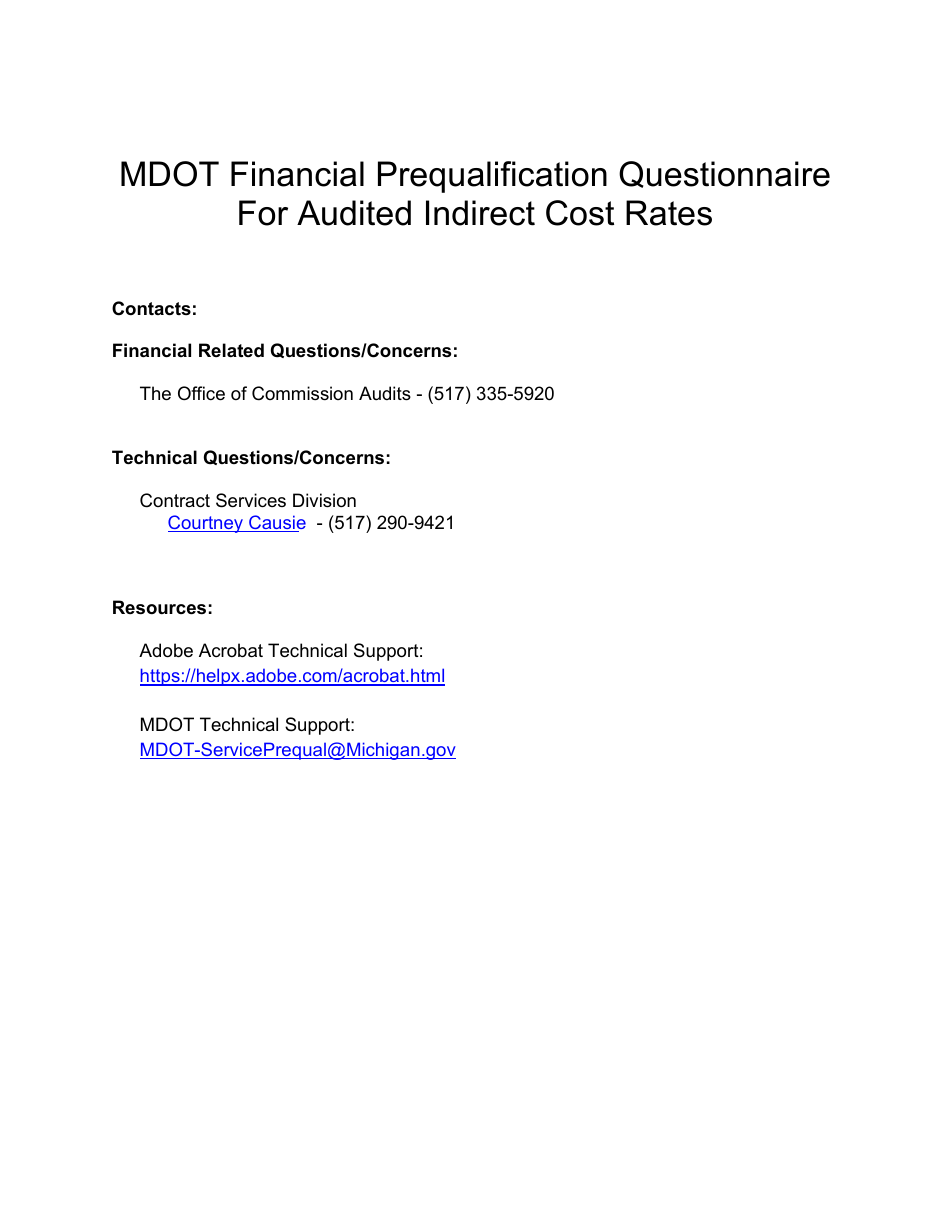 Mdot Financial Prequalification Questionnaire for Audited Indirect Cost Rates - Michigan, Page 2