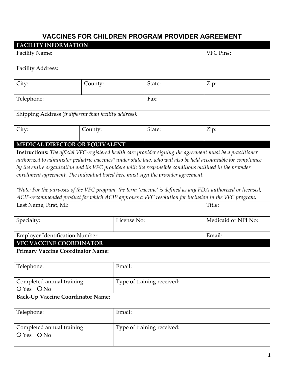 Vaccines for Children Program Provider Agreement - Florida, Page 1